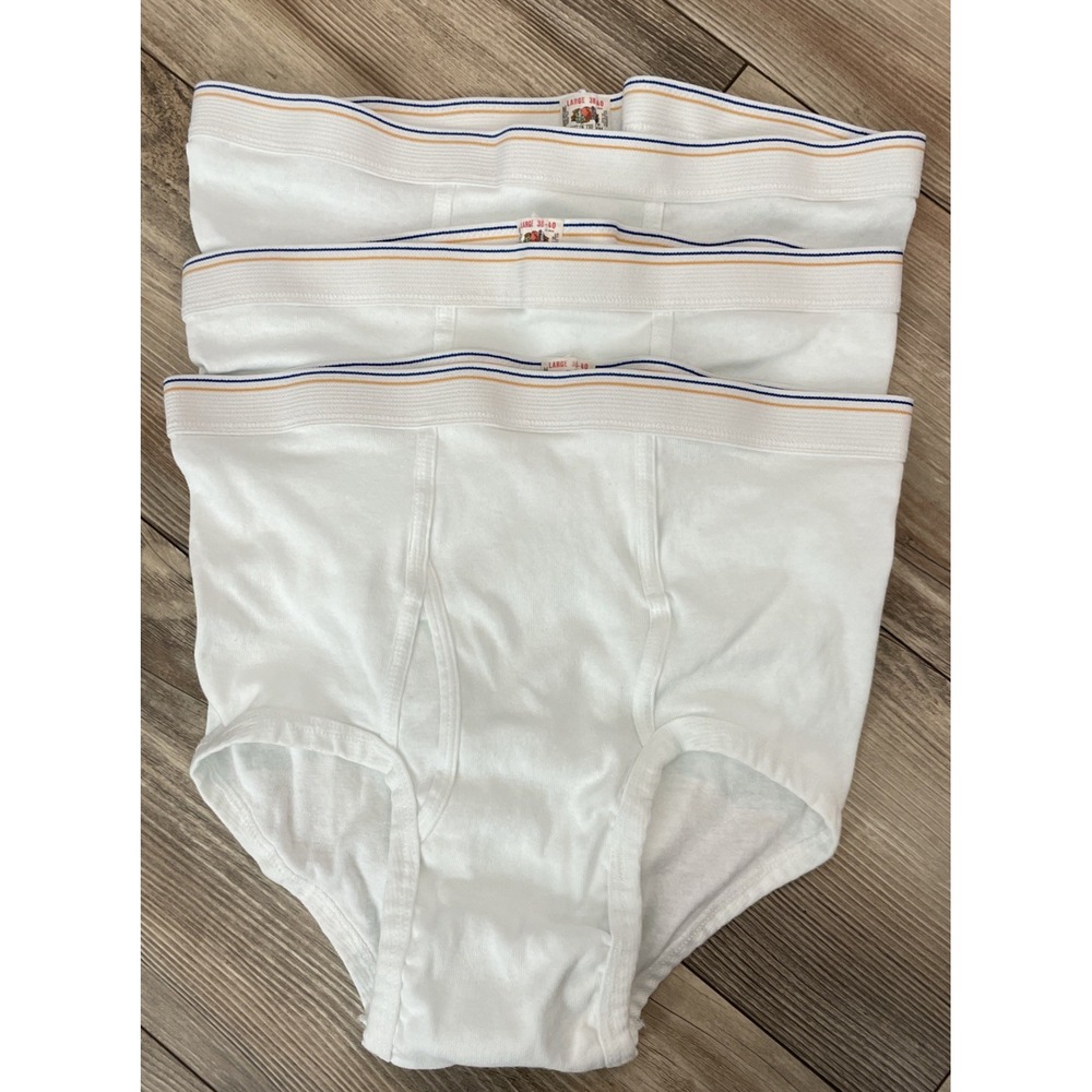 3 Vintage Fruit of the‎ Loom Underwear Briefs Large 38-40 Blue Yellow Stripe USA
